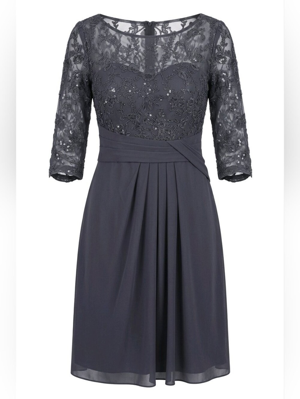 Elegant Blue-Gray Lace & Chiffon Mother of the Bride Formal Gown Sz 8 Padded Bra